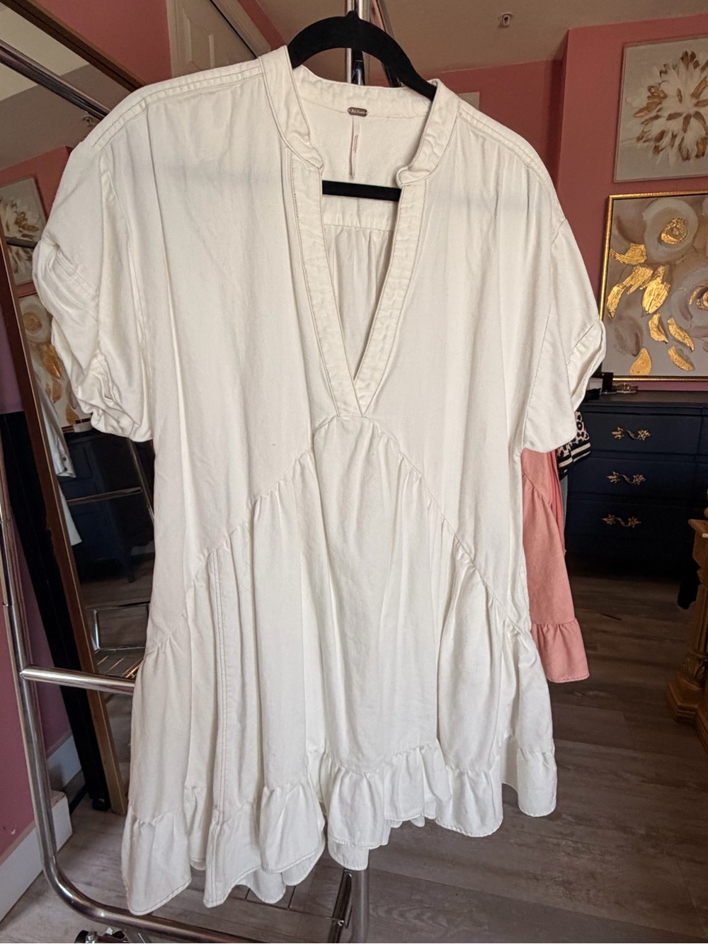 Free People White V-Neck Ruffle Hem Mini Dress